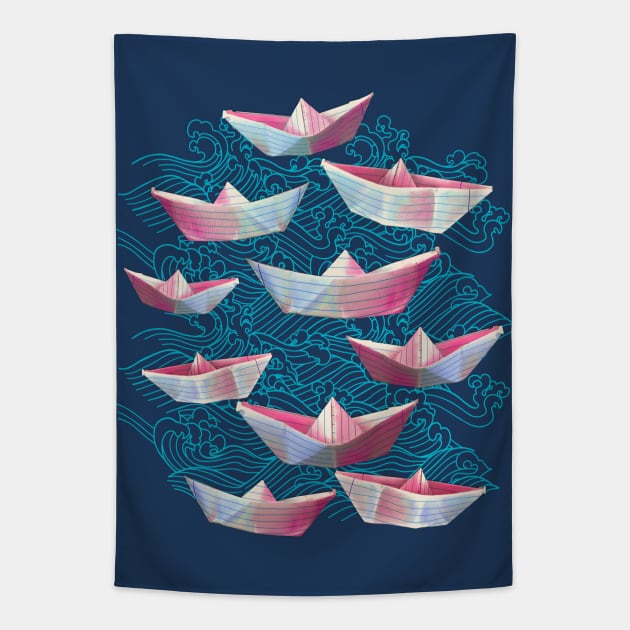 Blue Waves and Paper boats Tapestry by Lyara Costa