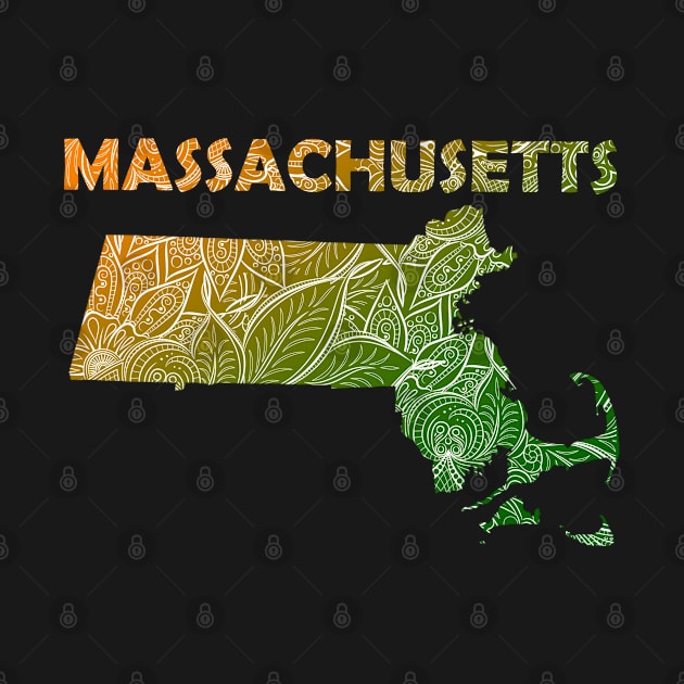 Colorful mandala art map of Massachusetts with text in green and orange by Happy Citizen