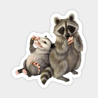 Opossum and Raccoon eating pizza Magnet