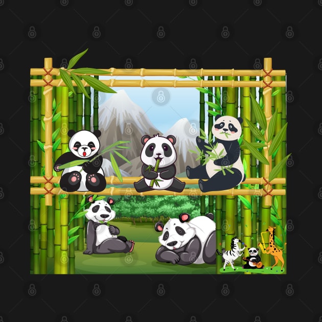 Cute Panda Bears eating Bamboo in a Bamboo Frame by Praizes