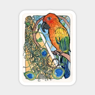 Sun Conure with Feathers and Sunflower Seeds Watercolor Print Magnet