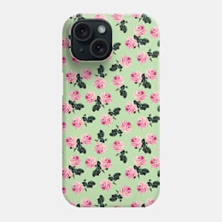 Scattered pink vintage roses on green Phone Case