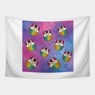 Cloud of Rainbow Catcakes on Pink and Blue Sky Tapestry