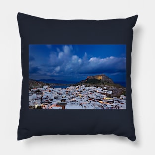 Night falling in Lindos - Rhodes island Pillow