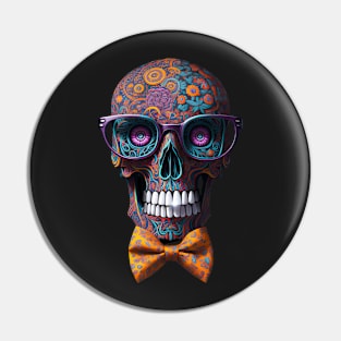 Funny Sugar Candy Skull With Bowtie and Glasses Pin