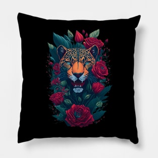 Panther Face with Roses Pillow