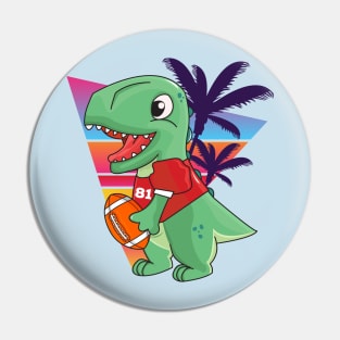 Cute green dinosaur playing American football, retro and palms background Pin