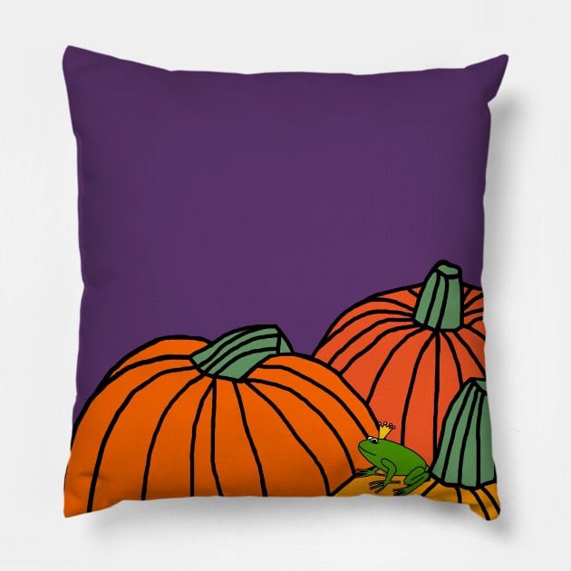 Cute Frog Prince and Pumpkins Pillow by ellenhenryart