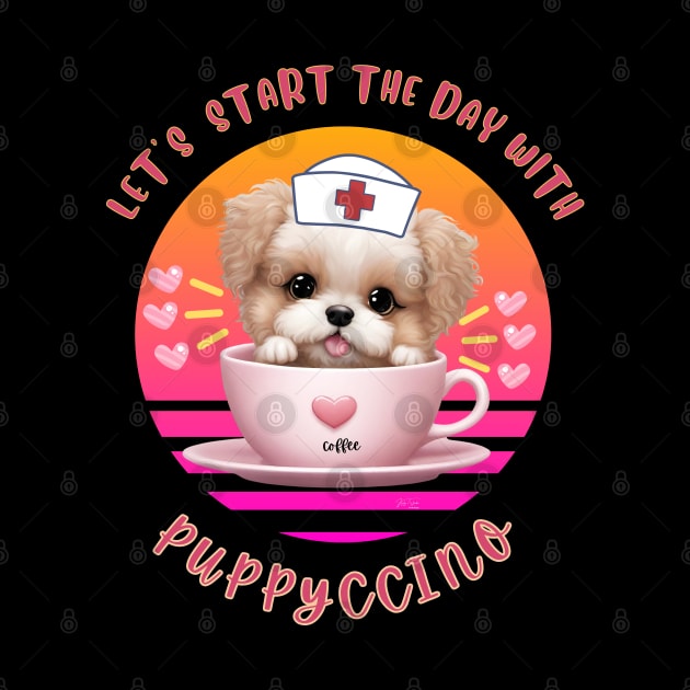 Let's start the day with Puppycinno, a cute kawaii poodle wearing nurse hat ia coffee cup, pun art by KIRBY-Z Studio