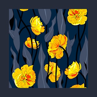 yellow double tulip on dark blue foliage T-Shirt