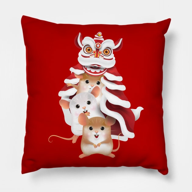 Year of the Rat - Chinese New Year - Dragon Dance Cute Rats Pillow by zeeshirtsandprints