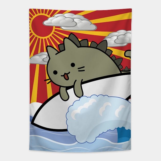 CATching waves cat zilla surfer and sunset Tapestry by GlanceCat