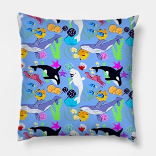 Whales and Sea Creatures Pattern - Light Blue Pillow