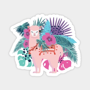 Pink Alpaca with exotic leaves and flowers Magnet