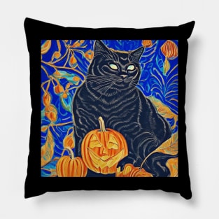 Retro Black Cat And Jack O Lantern Pillow