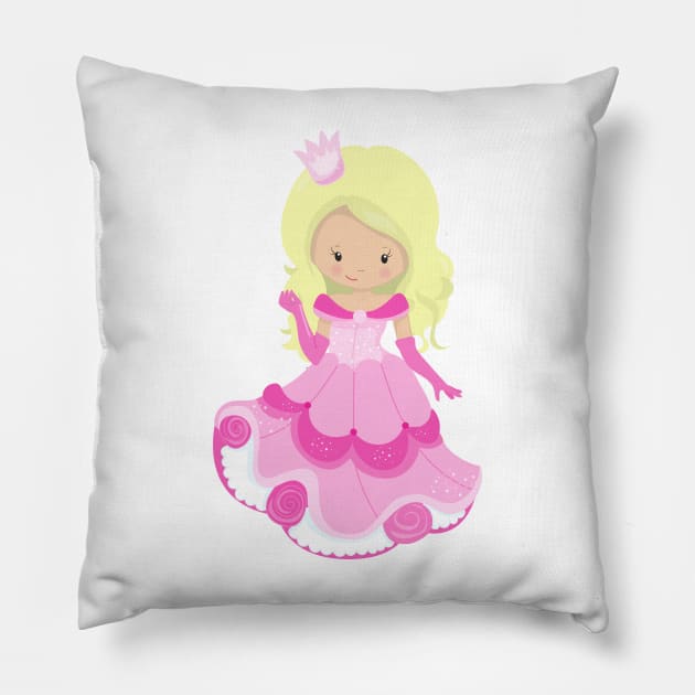 Cute Princess, Crown, Pink Dress, Blonde Hair Pillow by Jelena Dunčević