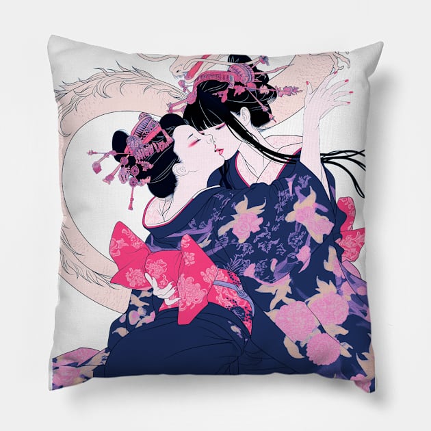 Geisha and Dragon 7010 Pillow by ToddT