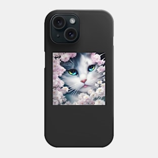 White Kitten surrounded by Pink Flowers | White, grey and blue cat with blue and yellow eyes | Digital art Sticker Phone Case