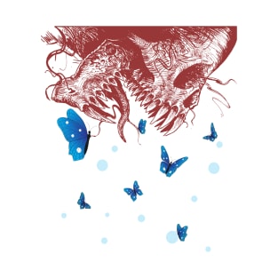 skulls and blue butterflies flying around it T-Shirt