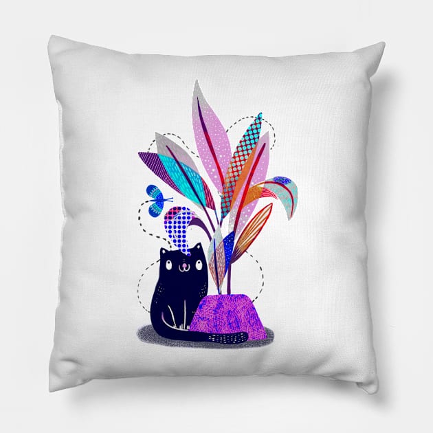 Black cat and butterfly Pillow by Mjdaluz