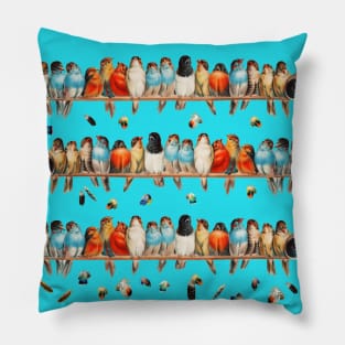 A PERCH OF COLORFUL BIRDS AND FLYING FEATHERS IN BLUE SKY Pillow