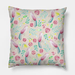 Watercolor Birds and Spring Flowers Pillow