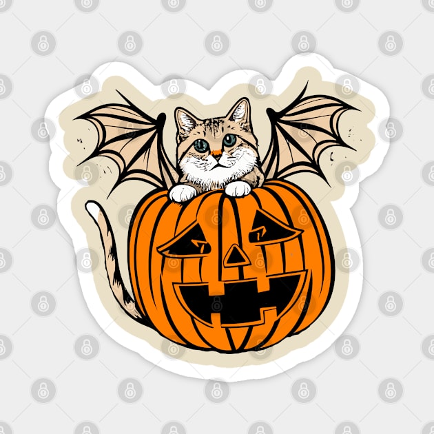 Cute Creepy Cat With Bat Wings In A Jack O Lantern Funny Halloween Magnet by Illustradise