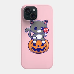 Cute Cat Sitting On Pumpkin Halloween Holding Candy  Cartoon Phone Case