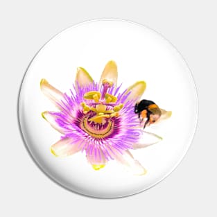 Bee themed gifts for women, men and kids. Blue crown Passion flower with bumble bee - save the bees Pin