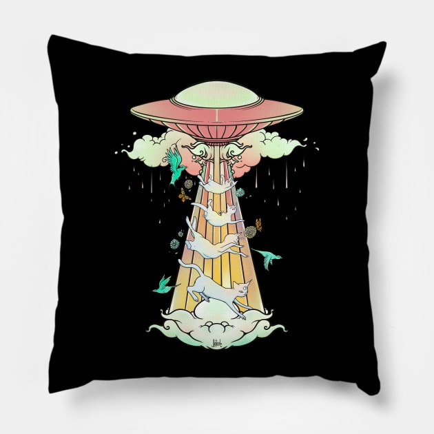 UFO Abducting Cats Surreal Alien Art Pillow by cellsdividing