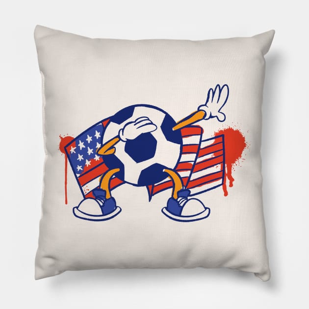 Dabbing Soccer Ball Cartoon USA American Flag Pillow by Now Boarding