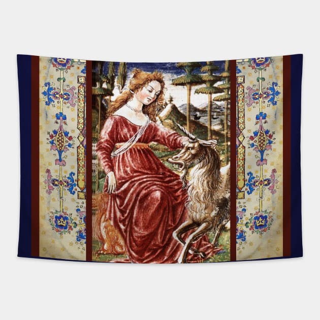 LADY AND UNICORN WITH MEDIEVAL FLORAL MOTIFS Tapestry by BulganLumini