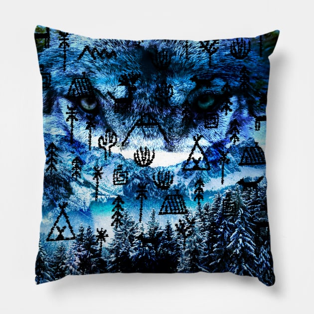 Native American Indian Wolf Symbols Forest Camping Tree Pillow by PoizonBrand