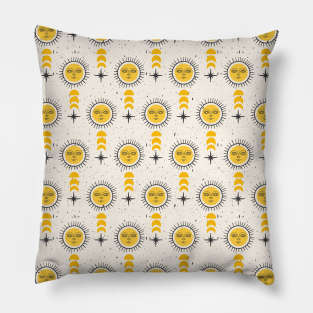 Bohemian Sun with Face and Moon, Stars Pillow
