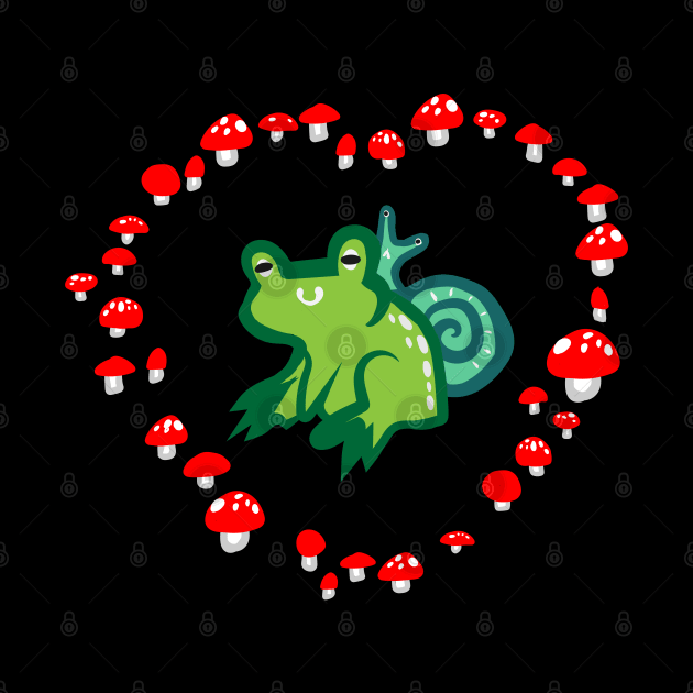 Red Mushroom Heart with Frog and Snail "Goblincore Snuggles" by Boreal-Witch