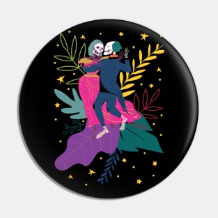 Day of the dead skeletons dancing salsa with folk flower background Pin