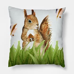 Squirel In The Garden Watercolor Boho Art Pillow