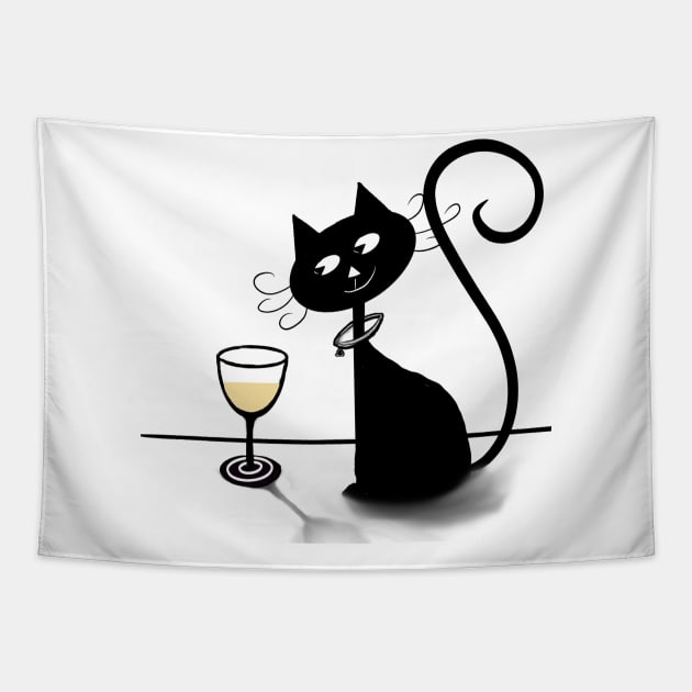 Cosmic Cat with Wine (White) Tapestry by TheCoatesCloset