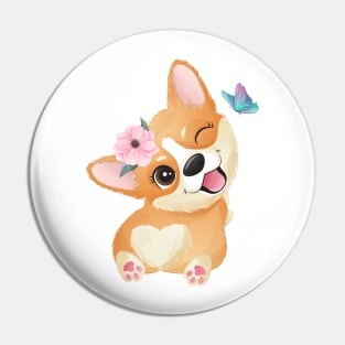 cute little corgi play with butterfly tshirt Pin