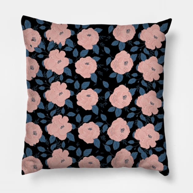 Pretty pink rose pattern Blck Pillow by Shineyarts