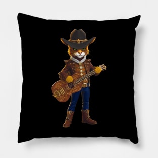 Cute Cowboy Cat with Hat and Guitar Pillow