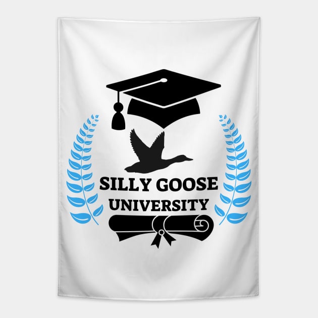 Silly Goose University - Flying Goose Black Design With Blue Details Tapestry by Double E Design