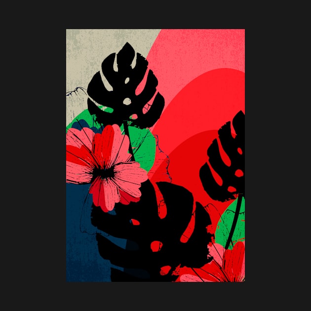 Flowers and Monstera Leaves – Floral illustration in red, green and dark colors by Piakolle