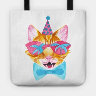 Miami Cat in Sunglasses with Palm Tree Reflections, Bowtie and a Party Hat Tote