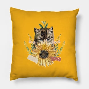 cute cat sunflower collage art Pillow
