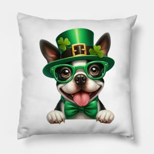 St Patricks Day Peeking Boston Terrier Dog Pillow