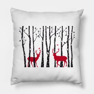 Christmas card, red deer in birch tree forest Pillow