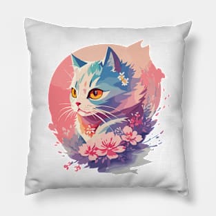 Cute Cat Japanese Style with flowers 2 Pillow