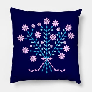 Winter pink flower bouquet with long pink ribbon, version four Pillow