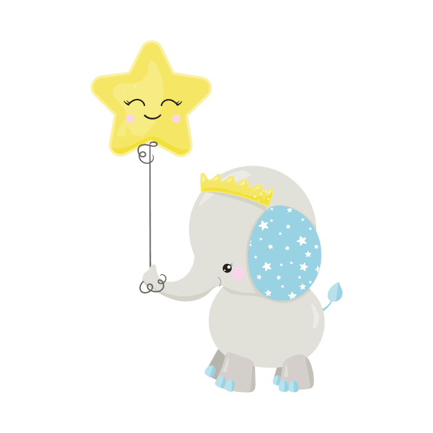 Cute Elephant, Elephant With Balloon, Crown, Star by Jelena Dunčević